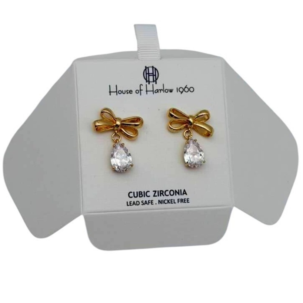 House of‎ Harlow 1960 Gold Tone Ribbon Bow & Pear-Cut Cubic Drop Earrings - NWT